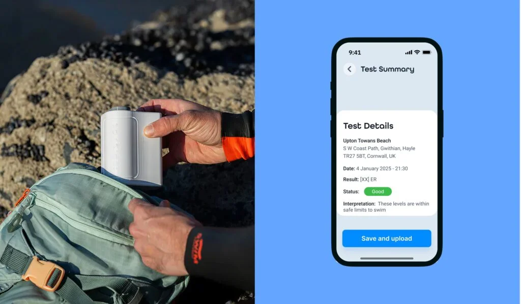 Illustrative Bactiquick App test summary showing sample location, date, result and save-and-upload control